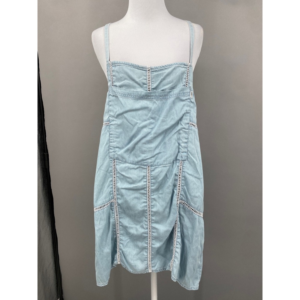 Obey‎ Denim Lyocell Pinafore Dress Women XS/S Light Wash Ladder Crochet Jumper